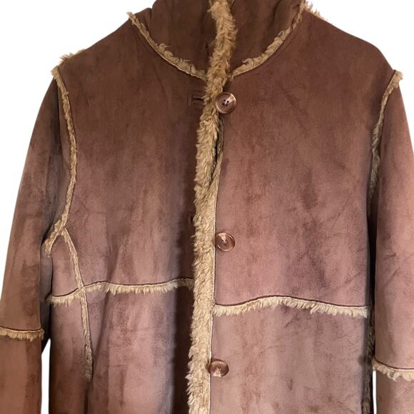 Vintage Y2K Gallery Tan Suede Sherpa Penny Lane Trench Coat-size Small - Picture 9 of 15